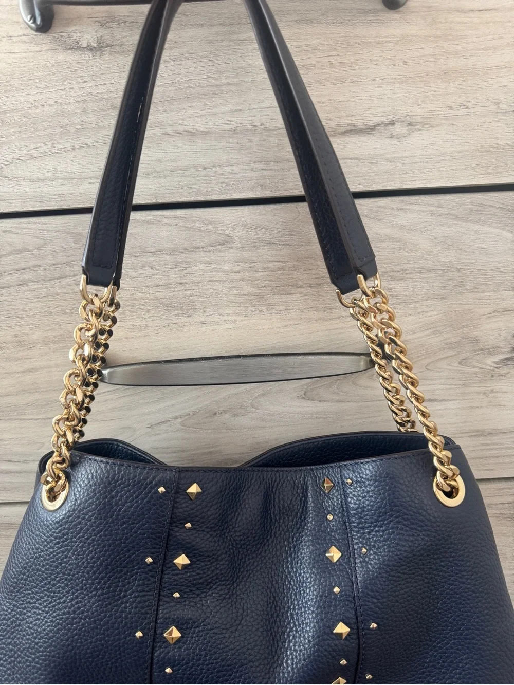 Michael Kors Navy Pebbled Leather Shoulder Bag with Gold Chain Handles and Studs